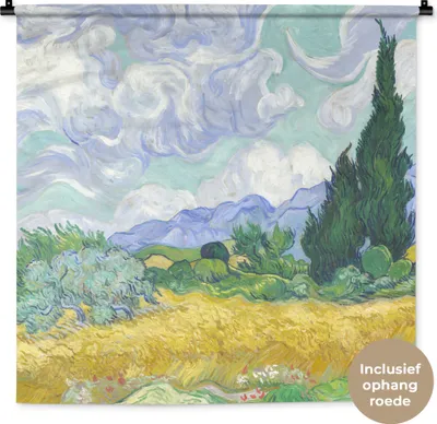 Produktbild von MuchoWow® Wandteppich Wandbehang Weizenfeld mit Zypressen - Vincent van Gogh 90x90 cm Tapisserie Dekoration Wandtuch - Wandaufhänger