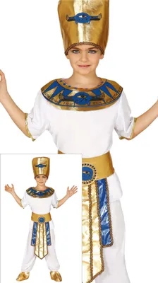 Productafbeelding van Egyptische koning, antieke kleding, farao, carnaval, magisch kostuum, kinderen, Egypte, historische avonturen, verkleedpak, antiek koninkrijk, goud, blauw, wit. Verkleedpak, maat: 98/104, kleur: wit