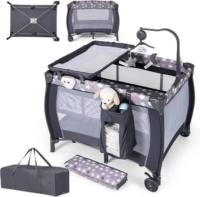 Produktbild von 3 in 1 Beistellbett klappbar, Reisebett mit Matratze, Hängespielzeug, Spieluhr, Wickeltisch & Tragetasche, 2 Ebene Babybett mit Rollen für Baby bis 36 Monaten (Dunkelgrau)