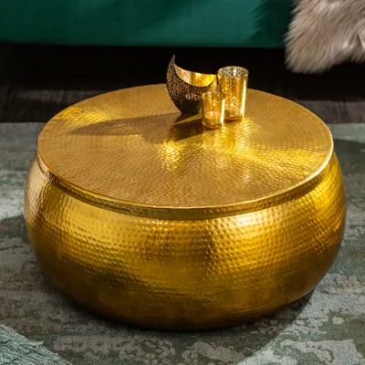 Obrázok produktu pre riess-ambiente Okrúhly konferenčný stolík ORIENT STORAGE 70 cm zlatý kovový s úložným priestorom Hammerschlag design bočný stolík