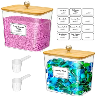 Waschmittelbehälter-Set 2er-Pack, durchsichtig, 2,7 l, mit Holzdeckeln