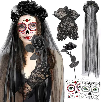 Obrázok produktu pre HOWAF Halloween kostým Dámy Dia De Los Muertos čelenka závoj čierna