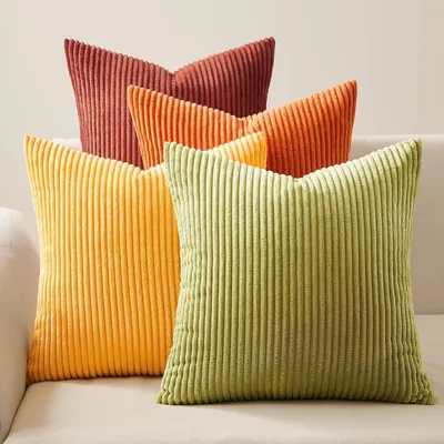 Zdjęcie produktu dla Poszewki na poduszki 40x40 cm, zestaw 4 sztuk, materiał: cord, kolory: jesienne (pomarańczowy, żółty, zielony)