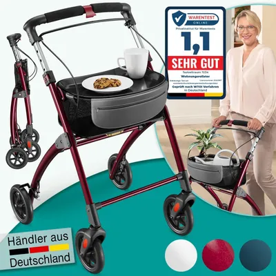 Produktbild von ELONEO Wohnungsrollator 54cm breit, faltbar und leicht, inkl. Tablett & Stoffkorb, Rollator schmal für die Wohnung, Indoor-Rollator, klappbar, Aluminium,Mobilität für Zuhause rot