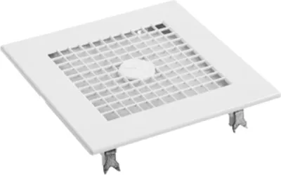 A white square ventilation grille with a grid pattern and a circular dial in the center, viewed from a slight angle.