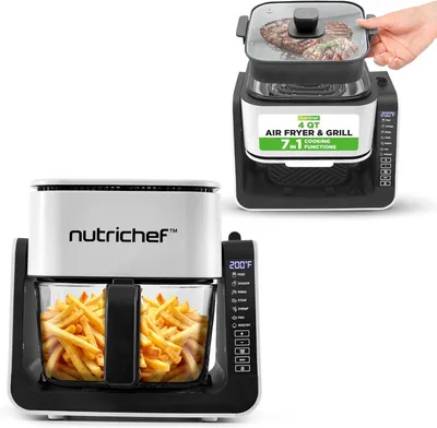 A collage of two images showing a NutriChef air fryer and grill. The left image shows the air fryer with fries. The right image shows the air fryer and grill with a steak being cooked.