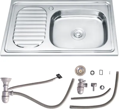 Immagine prodotto di Lavello da incasso in acciaio inox 75x45 cm con vasca rotonda a destra, sgocciolatoio a sinistra e sifone