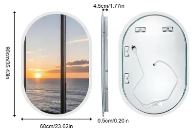 Obrázok produktu pre Oválne LED zrkadlo do kúpeľne – nástenné zrkadlo 60x90 cm – s podsvietením – s možnosťou stmievania (3000–6000K) – s dotykovým senzorom – proti zahmlievaniu – bez rámu, moderný dizajn