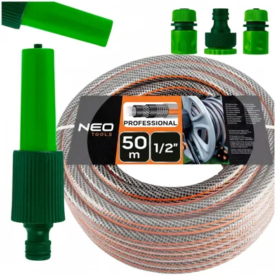 Obrázok produktu pre Sada záhradnej hadice NEO TOOLS 50 m, 1/2 palca, 6-vrstvový profesionálny zavlažovací systém s postrekovačom VERTO a prípojkami, s ochranou proti skrúteniu,