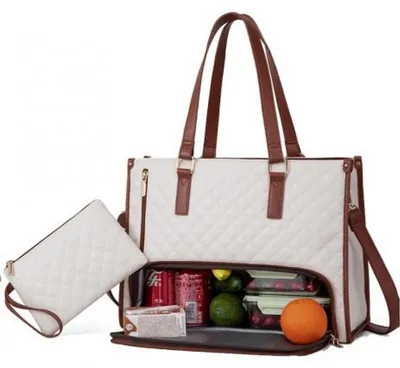Image de Sacoche pour ordinateur portable 15,6 pouces pour femme, isotherme, blanc/marron, 42 x 18 x 30 cm