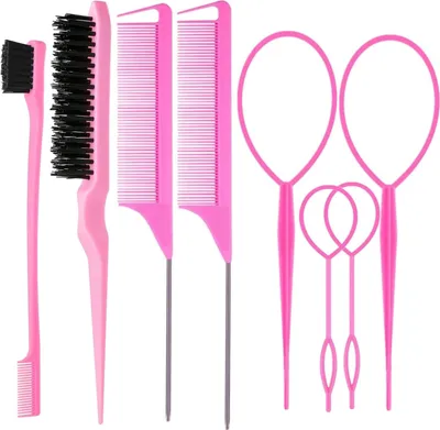 Produktbild von 8-teiliges Haarbürsten-Set mit 4 Topsy Hair Tail Tools, 1 Haarbürste zum Toupieren mit Borsten, 1 Kantenkontrollbürste, 2 Rattenschwanzkämme mit Metallstiften für das Haarstyling von Frauen und Mädchen, Kanten- und Rückenbürsten, Rosa