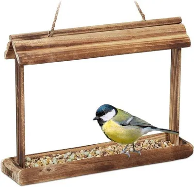 Productafbeelding van Vogelhuis, hangend - Hout - Afmetingen: ongeveer 23,5 x 32 x 7,5 cm - Tuin - Voerplaats voor kleine vogels - Bruin