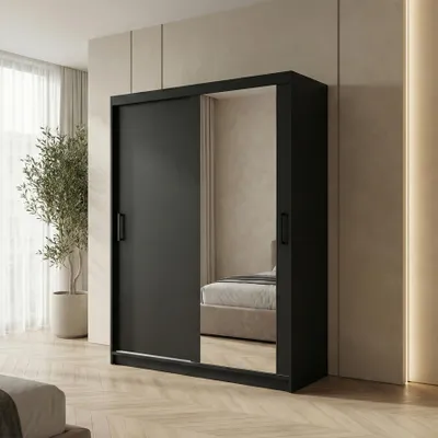 Produktbild von BEAUTYSOFA | Schwebetürenschrank HELA 120 cm Schwarz – 2-türig Moderner Kleiderschrank mit Spiegel und Schiebetüren