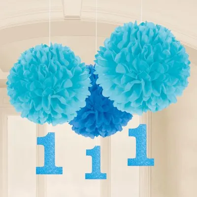 Produktbild von 3 blaue Pompoms 1. Geburtstag Hängedeko 40 cm - Einheitsgröße