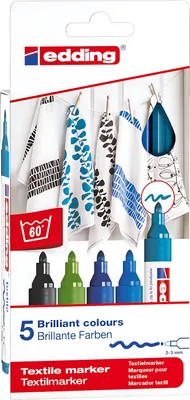 A package of Edding textile markers with a demonstration of their use on fabric.