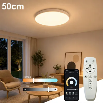 Produktbild von LED Deckenleuchte Ø50cm Weiß, Smart Deckenlampe mit App & Fernbedienung, 3000–6500K CCT, stufenlos dimmbar, Memory, Nachtlicht & Timer, Moderne runde