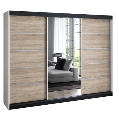 Produktbild von Schwebetürenschrank 200 cm, 3-türig, mit Spiegel & 4 Schubladen, Retro-Stil, modern – Kleiderschrank VILUNO 3 Weiß / sonoma / sonoma