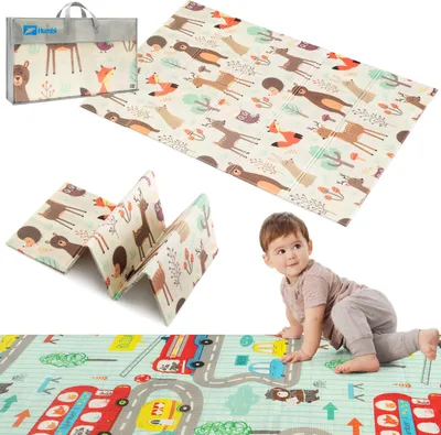 Produktbild von HUMBI Spielmatte Baby Krabbelmatte XPE Schaumstoff Doppelseitig Flatbar Wasserdicht Extra Größe Teppich Babymatte Rutschfest 120x180 Wald-Straßen