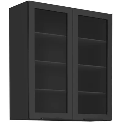 A black cabinet with glass doors.