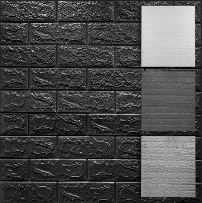 A collage showing black brick-patterned wall panels with three smaller samples of white, dark gray, and light gray brick-patterned panels.