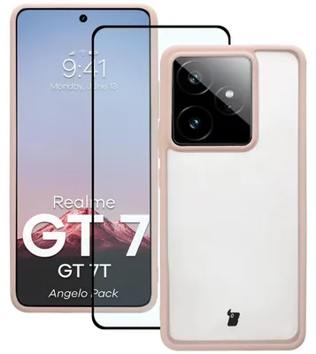 Produktbild von Schutzhülle + gehärtetem Glas für Realme GT 7 / 7T, Bizon Angelo Pack, Semitransparent mit rosem Rahmen