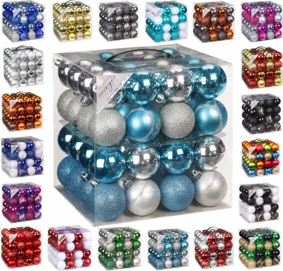 Produktbild von 64x Kunststoff Christbaumkugeln Ø 6cm Kugel Box Glanz Glitzer Matt + Aufhänger Türkis-Silber