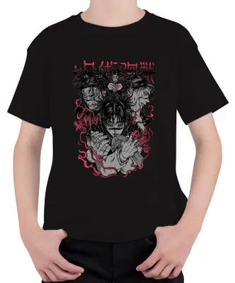 Zdjęcie produktu dla Koszulka dla dzieci z motywem anime "Jujutsu Kaisen" przedstawiająca Sukunę, Yujiego i Megumiego. Idealna jako prezent dla fanów anime i mangi. Kolor: czarny. Rozmiar: 140