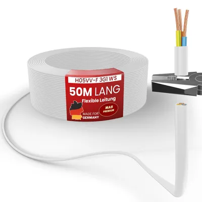 Obrázek produktu pro 50m plastový hadicový kabel H05VV-F 3G1 Bílý ohebný kabel Kabel pro spotřebiče