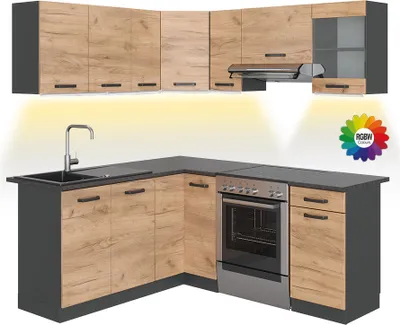 Produktbild von Eckküche Vicco Rick Goldkraft Eiche/Anthrazit 187 x 60 cm , AP Anthrazit mit LED-Leisten, Model 51932