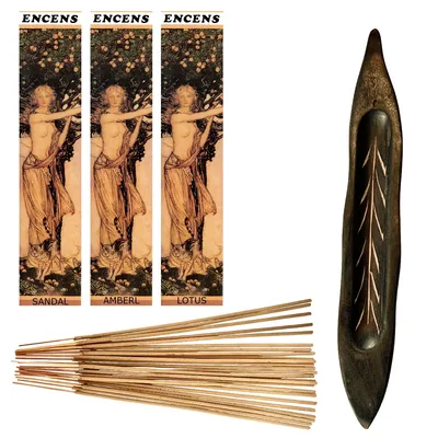 Produktbild von Räucherpaket 3 x 20 Stück Räucherstäbchen Lotus, Sandale, Amber – inkl. m handgefertigten Räucherstäbchenhalter