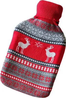 Produktbild von Wärmflasche aus Gummi, mit Bezug und Rollkragen, im Winter-Design mit Hirschen, ca. 33 x 20 x 1,5 cm, rot/grau/weiß