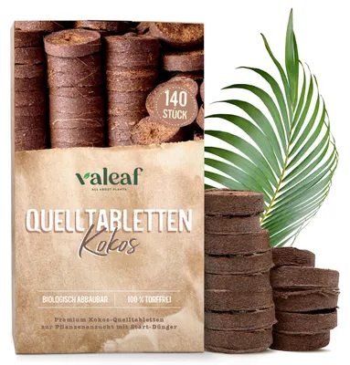 Produktbild von valeaf Kokos-Quelltabletten, 140 Stück - Torffreie Kokoserde mit Startdünger, ideale Anzuchterde für Stecklinge für einfache Durchwurzelung