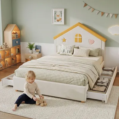 Immagine prodotto di Letto imbottito per bambini Merax, 140x200 cm, con 4 cassetti, letto a forma di casetta, imbottito in velluto, letto per ragazzi con testiera a forma di casetta, beige