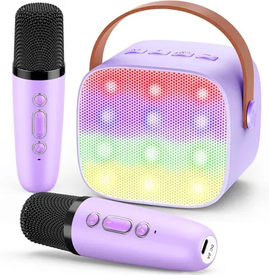 Productafbeelding van Draagbare karaoke-set - Zanginstallatie met microfoons - Feestjes en familiepret - Met stemvervorming - 2 microfoons - Paars