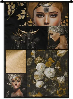 Produktbild von MuchoWow® Wandteppich Wandbehang Schwarz - Gold - Frauen - Glitter 60x90 cm Tapisserie Dekoration Wandtuch - Foto-Teppich - Abwaschbar