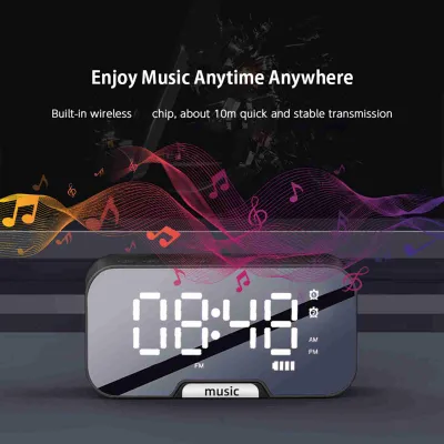 Zdjęcie produktu dla Cyfrowy budzik lustrzany z głośnikiem BT i radiem FM Podwójne alarmy Elektroniczny budzik biurkowy Akumulator Przenośny odtwarzacz muzyczny Obsługa karty TF 3 poziomy jasności Stojak na telefon do domu Biuro Podróże