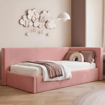 Obrázek produktu pro Postel pro mládež Sampre, rozměry 90x200 cm, světlorůžová barva, pravostranná, potah z veluru – s úložným prostorem, kovový rošt