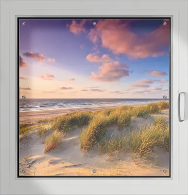 Produktbild von Wallario Lichtschutzbild, Dekorativer Sichtschutz Sonnenschutz 96 x 100 cm mit Motiv: Abendspaziergang am Strand - Sonnenuntergang über dem Meer - Verdunklung ohne Bohren