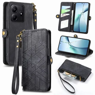 Produktbild von Für Xiaomi Redmi Note 14 5G Geometric Design Kunstleder Zipper Book Wallet Tasche mit Schlaufe Schwarz