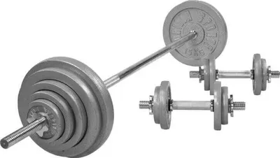 A set of weightlifting equipment, including a barbell with weights and two dumbbells, displayed on a white background.