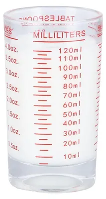 Obrázok produktu pre Sklenená odmerná nádoba, 120 ml, červená, s odmerkou, vhodná do kuchyne a baru