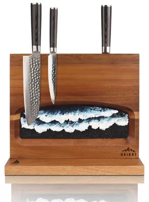 Immagine prodotto di Portaoggetti magnetico per coltelli, con due lati in legno di acacia e decorato con un dipinto realizzato a mano, da utilizzare come elemento d'arredo indipendente, adatto a circa 10 coltelli
