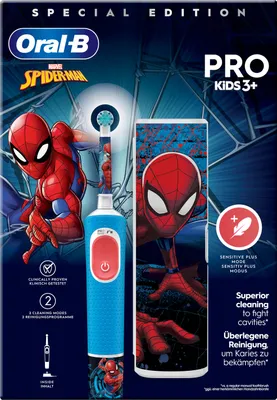 A promotional image for an Oral-B electric toothbrush featuring Spider-Man.