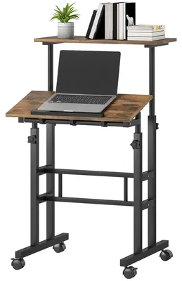 Productafbeelding van HOMCOM verstelbaar bureau/keukentafel met plank en wielen, bruin