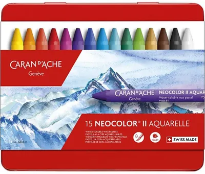 Obrázok produktu pre Akvarelové voskové pastelky CARAN D'ACHE NEOCOLOR II, balenie 15 okrúhlych voskových pasteliek s papierovým puzdrom, vodové farby,