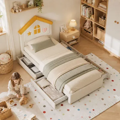 Immagine prodotto di Letto imbottito per bambini Merax, 90x200 cm, con 4 cassetti, letto a forma di casetta, imbottito in velluto, letto per ragazzi con testiera a forma di casetta, colore beige