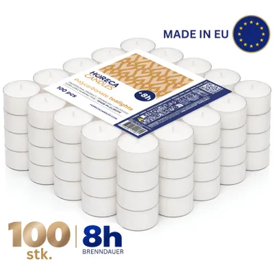 Produktbild von Horeca Candles Theelichter 100 Stück – Weiß, 8h Brenndauer, Transparente Hülle, Ohne Duft, Teekerzen für Deko, Party, Hochzeit