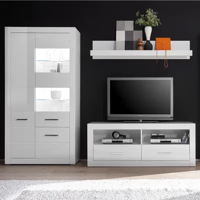Produktbild von Wohnzimmer Wohnwand-Set BALVE-61 inkl. Vitrine mit LED in Hochglanz weiß BxHxT: 265x198x45cm