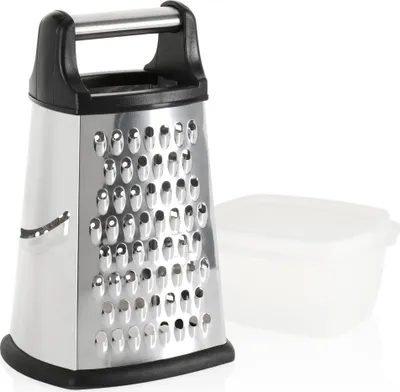 Produktbild von com-four® Küchenreibe mit Auffangbehälter - vielseitige Küchenreibe - Gemüsehobel aus rostfreiem Edelstahl - Raspel für Obst, Gemüse oder Käse mit verschließbarem Auffangbehälter