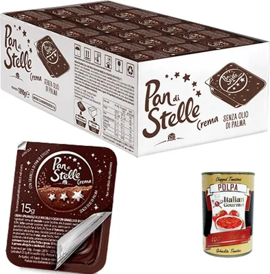 Produktbild von Pan di Stelle Crema Spalmabile Monoporzione, Single -Potion Haselnuss Streichfähige Creme Sahne mit Kekskörnern 126 x 15g ohne Palmöl + Italian Gourmet polpa 400g
